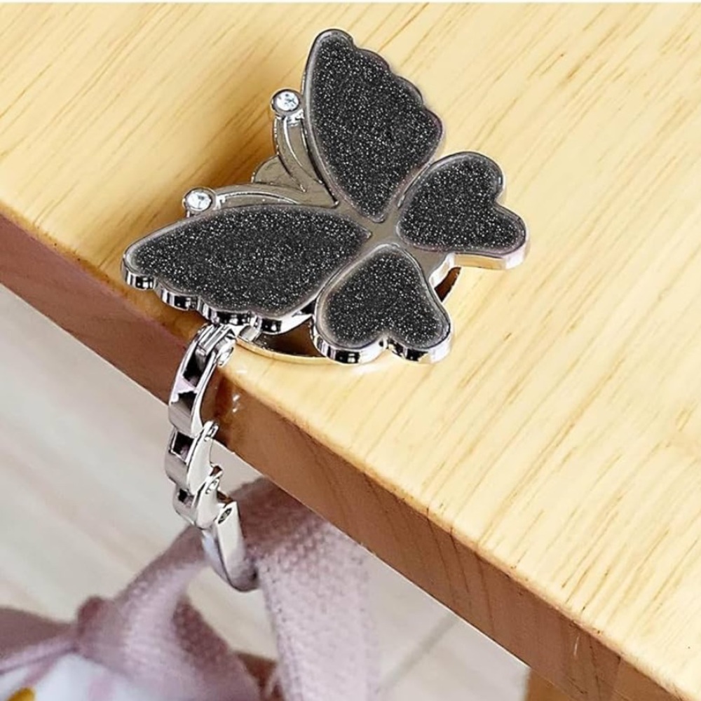🦋NEW Purse Hook Bag Charm Table Hanger Black Foldable Cute Butterfly Shape 🛍️